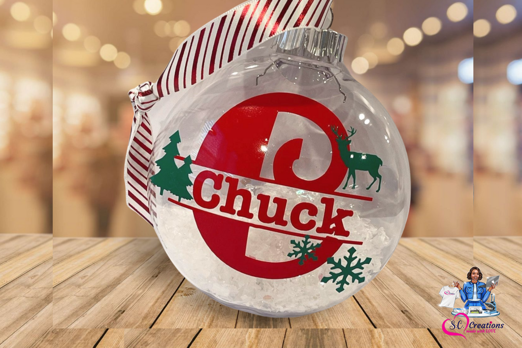 Christmas ornaments (4 inch personalized w/ name faux snow inside disc)
